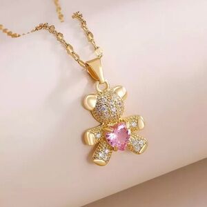 New Gold and Pink Teddy Bear Pendant and Necklace